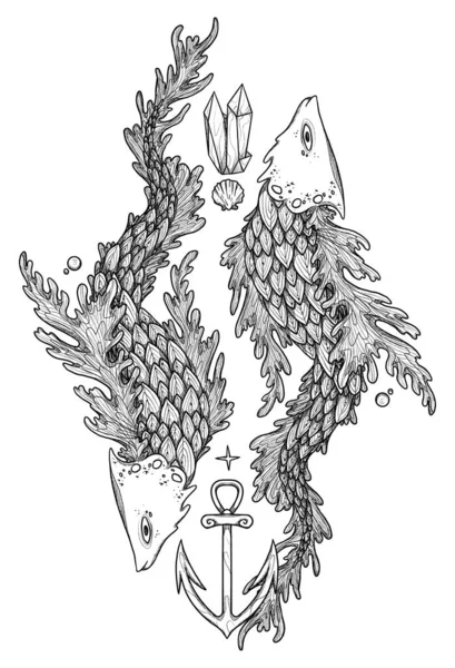 Фантастическая Иллюстрация Рыбы Ручной Рисунок Морской Жизни Подводная Гравировка Винтажный — стоковое фото