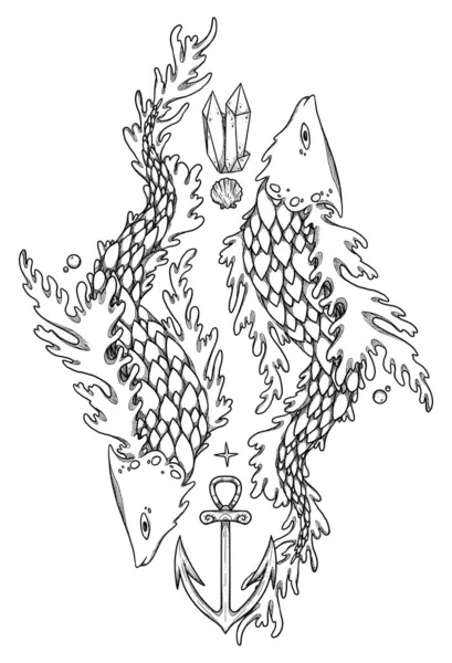 幻想鱼图解 手工画线艺术海洋生物 水下雕刻品 复古元素 巫术和异教艺术 装饰的性质 与白种人隔离 — 图库照片