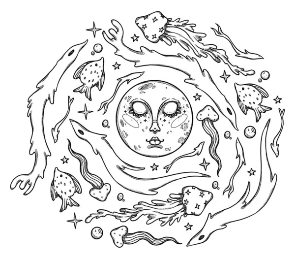Fantasie Vis Illustratie Handgetekende Lijn Kunst Marien Leven Onderwater Gravure — Stockfoto