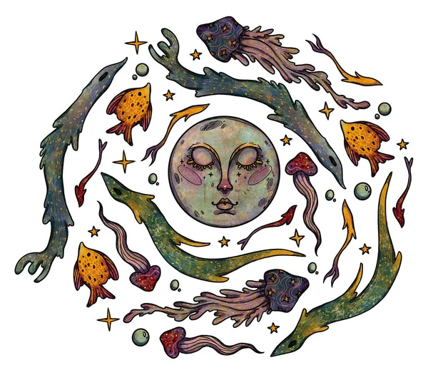 Fantasie Vis Illustratie Handgetekende Kleur Goud Zeeleven Onderwater Gravure Compositie — Stockfoto
