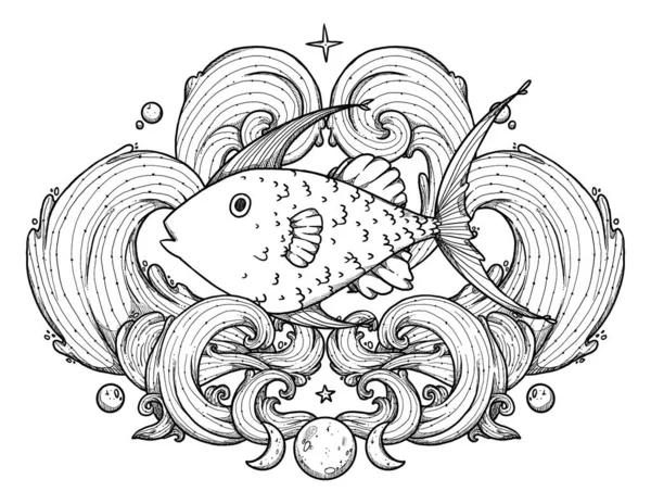 Ilustracja Ryb Fantazji Ręcznie Rysowane Życie Morskie Kompozycja Grawerowania Pod — Zdjęcie stockowe