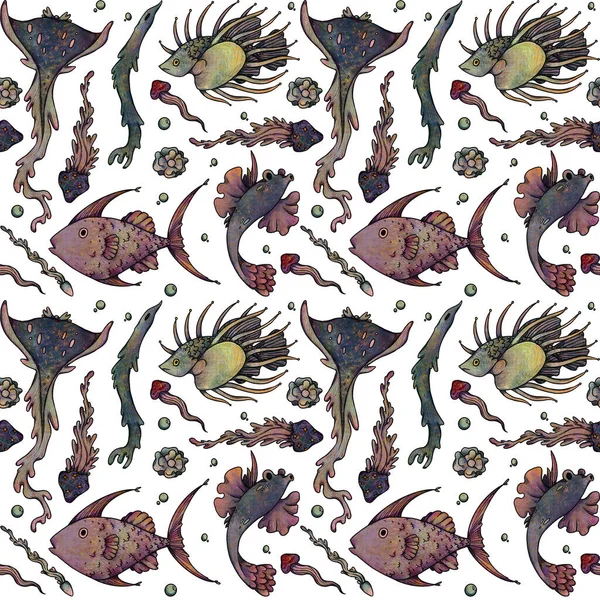 Underwater Fantasy Seamless Patterns Hand Drawn Colored Unusual Fishes Boho — Stock Photo, Image