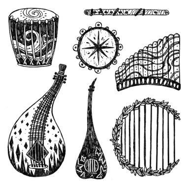 Cadılar Bayramı müzik aletleri seti. Davul, tef, flüt, arp, gitar, bandura. Çizgi sanatı tasarımı. Boho ve vintage koleksiyonu. Wiccan ve pagan sanatı. Dekoratif büyücülük. Beyazda izole edilmiş