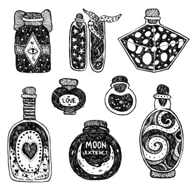 Cadılar Bayramı iksirleri. Aşk büyüsü, ay özü, dokunaçlar, gözler, aşk iksiri, çorba, bira. Çizgi sanatı tasarımı. Boho ve vintage koleksiyonu. Wiccan ve pagan sanatı. Dekoratif büyücülük. Beyazda izole edilmiş