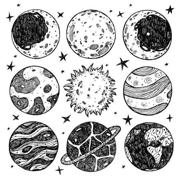 Хэллоуин набор чернил небесных тел. Луна, полная луна, растет, угасает. Солнце, Юпитер, Венера, Марс, Земля, Сатурн. Стилизация линейного искусства. Бохо и винтажная коллекция. Викканское и языческое искусство. Декоративное колдовство. Изолированные на белом