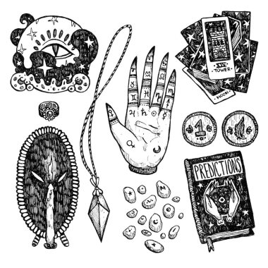 Cadılar Bayramı mürekkep falcısı. Beyazlar üzerinde izole edilmiş. Sihirli top, kehanetler kitabı, tarot, bozuk para, ayna, yüzük, arama kristali, rünler, kemikler, tahmin topları, el falı. Çizgi sanatı tasarımı. Wiccan ve pagan sanatı. Dekoratif büyücülük.