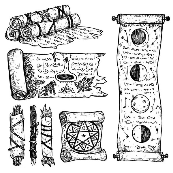 Set Pergamene Inchiostro Halloween Pergamene Magiche Pergamene Con Incantesimi Astronomia — Foto Stock