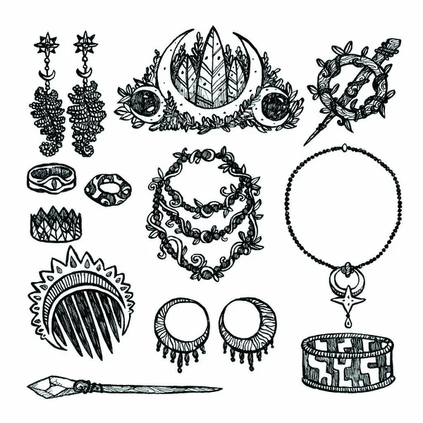 Αποκριάτικα Κοσμήματα Από Μελάνι Σκουλαρίκια Μενταγιόν Καρφίτσα Στέμμα Χάντρες Κολιέ — Φωτογραφία Αρχείου