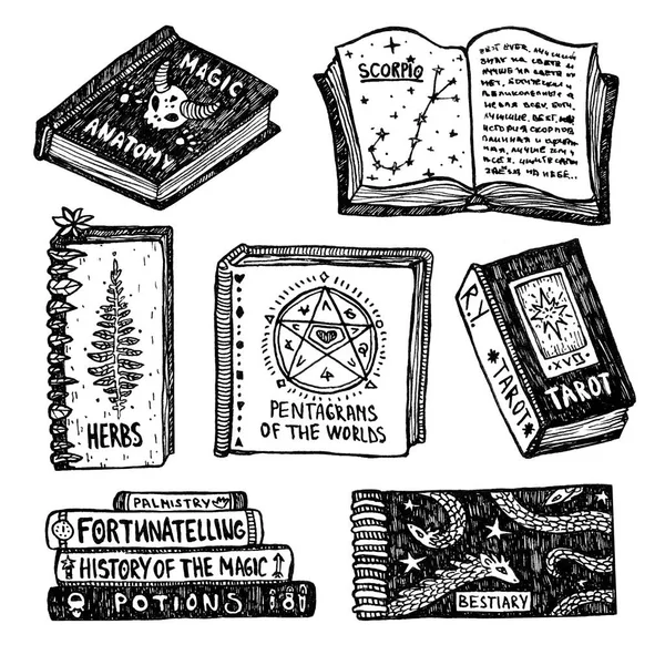 Inchiostro Halloween Serie Libri Magici Anatomia Astrologia Demonologia Tarocchi Erboristi — Foto Stock