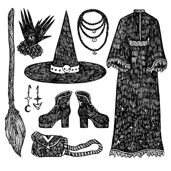 Zestaw Kostiumów Czarownic Halloween Stylizacja Linii Sztuki Kolekcja Boho Vintage — Zdjęcie stockowe