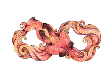 El çizimi mürekkep ve tilki resimli renkli kalemler. Peri hayvan, sihirli yaratık. Çocuk resimleri