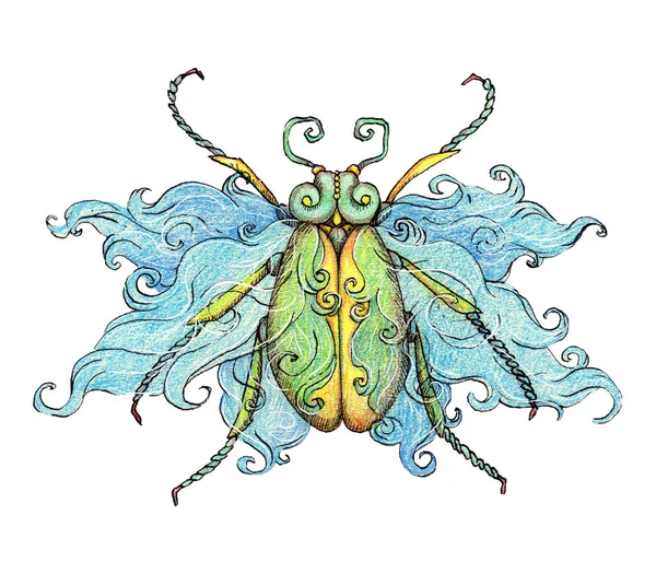 Handgezeichnete Tusche Und Buntstifte Illustrieren Den Käfer Fee Tier Magische — Stockfoto