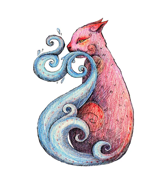Ręcznie Rysowany Tusz Kolorowe Ołówki Ilustracja Kota Bajkowe Zwierzę Magiczne — Zdjęcie stockowe