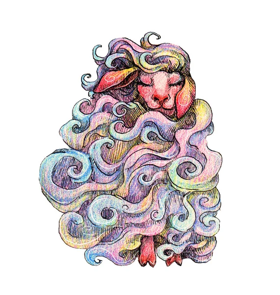 Ручные Чернила Цветные Карандаши Иллюстрация Овец Фея Животное Волшебное Существо — стоковое фото