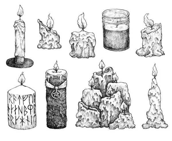 Set Hand Drawn Ink Candles Elements Design Witchcraft Halloween Illustrations — Stock Photo, Image