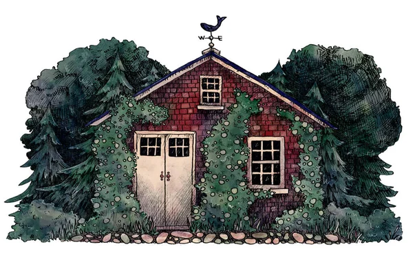 居心地の良い家と手描きのインクの風景 森の風景 花の風景の中に別荘 木造住宅 家のスケッチ 田舎の場所だ 妖精の家 — ストック写真