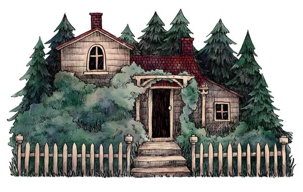 Ручной Чернильный Пейзаж Уютным Домом Лесной Пейзаж Отдых Дома Цветочном — стоковое фото