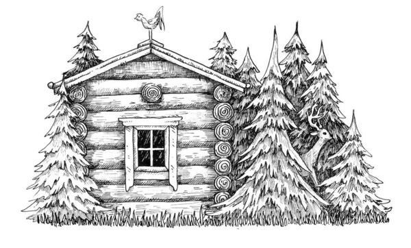Ručně Kreslená Inkoustová Krajina Útulným Domem Lesní Krajina Rekreační Dům — Stock fotografie