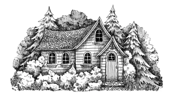 居心地の良い家と手描きのインクの風景 森の風景 花の風景の中に別荘 木造住宅 家のスケッチ 田舎の場所だ 妖精の家 — ストック写真