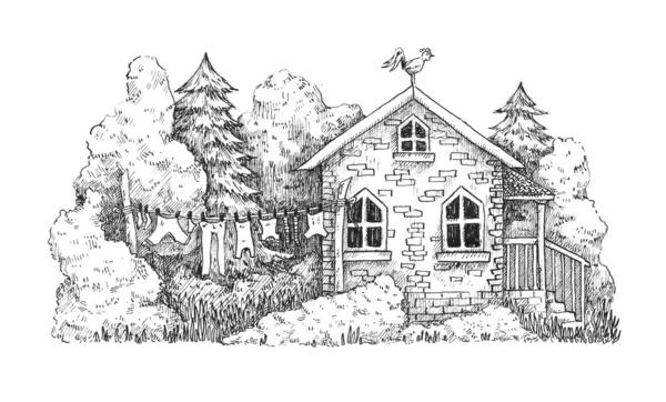 居心地の良い家で手描きインクの風景 森の風景 気象ベーンと休暇の家 家のスケッチ 田舎の場所 — ストック写真