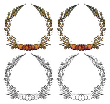 Dekoratif sonbahar çerçeveleri. Elle çizilmiş bitki ve hasat çelengi. Renk, altın ve çizgi ve dekorasyon versiyonları. Boho ve vintage koleksiyonu. Sonbahar alışverişi. Dekoratif bir doğa. İzole edilmiş