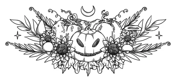 Set Decorative Pumpkins Compositions Hand Drawn Autumn Harvest Boho Vintage — Stock Photo, Image