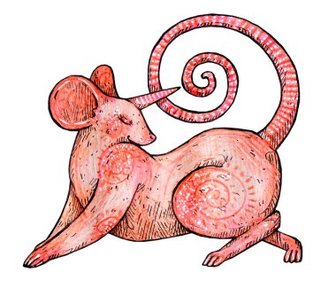 Sihirli tek boynuzlu at faresinin şirin bir çizimi. Çocuk karakter tasarımı. Kitap illüstrasyonu, çocuklar için baskı. Kağıt, mürekkep ve renkli kalemler. Çin Yeni Yılı Sembolü