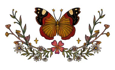 Boho Böcek Çizimi. Elle çizilmiş kelebek. Renkli güve. Çiçek kompozisyonu. Vintage elementi. Wiccan ve pagan sanatı. Dekoratif bir doğa. Beyazda izole edilmiş