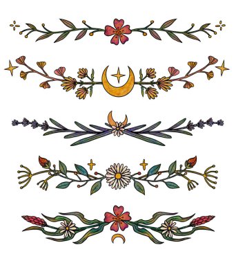 Boho çiçek kompozisyonları. El çizimi renkli set. Çiçek çizimleri. Vintage elementi. Wiccan ve pagan sanatı. Dekoratif bir doğa. Beyazda izole edilmiş