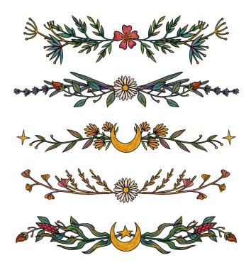 Boho çiçek kompozisyonları. El çizimi renkli set. Çiçek çizimleri. Vintage elementi. Wiccan ve pagan sanatı. Dekoratif bir doğa. Beyazda izole edilmiş