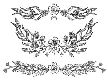 Boho çiçek kompozisyonları. Elle çizilmiş siyah beyaz set. Çiçek çizimleri. Vintage elementi. Wiccan ve pagan sanatı. Dekoratif bir doğa. Beyazda izole edilmiş