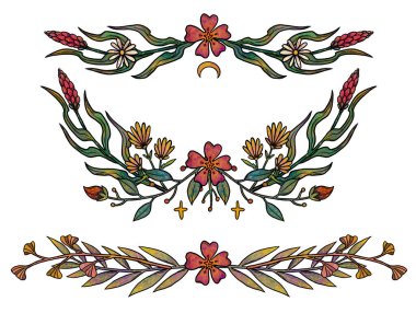 Boho çiçek kompozisyonları. El çizimi renkli set. Çiçek çizimleri. Vintage elementi. Wiccan ve pagan sanatı. Dekoratif bir doğa. Beyazda izole edilmiş