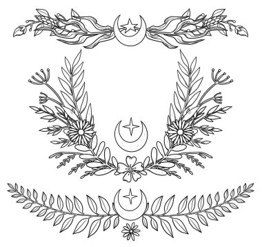 Boho çiçek kompozisyonları. El çizimi sanat seti. Çiçek çizimleri. Vintage elementi. Wiccan ve pagan sanatı. Dekoratif bir doğa. Beyazda izole edilmiş