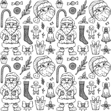 El yapımı sanat eseri Noel deseni. Noel Baba ve tatil dekoru. Sevimli vintage elementler. Beyaz arka planda pürüzsüz.