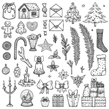 Bir dizi Noel illüstrasyonu. Çizgi sanatı. Noel ağacı, zencefilli çörek, şeker, hediyeler, çoraplar, çiçekler ve mektuplar. Beyaz arkaplandaki ögeleri ayır. 