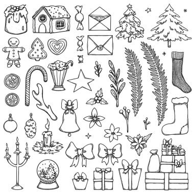 Bir dizi Noel illüstrasyonu. Çizgi sanatı. Noel ağacı, zencefilli çörek, şeker, hediyeler, çoraplar, çiçekler ve mektuplar. Beyaz arkaplandaki ögeleri ayır. 