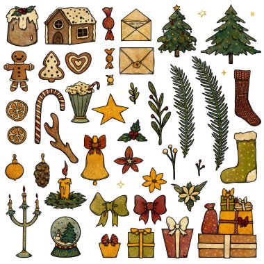 Bir dizi renkli ve altın renkli Noel çizimleri. Noel ağacı, zencefilli çörek, şeker, hediyeler, çoraplar, çiçekler ve mektuplar. Beyaz arkaplandaki ögeleri ayır. 