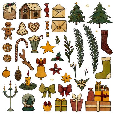 Renkli Noel çizimleri seti. Noel ağacı, zencefilli çörek, şeker, hediyeler, çoraplar, çiçekler ve mektuplar. Beyaz arkaplandaki ögeleri ayır. 