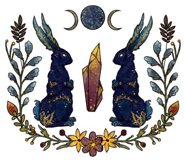 Gizemli tavşan kompozisyonu. Ay ve kristal. Mavi ve altın tavşancık. Dekoratif siluet. Boho ve vintage koleksiyonu. Wiccan ve pagan sanatı. Dekoratif bir doğa. Beyazda izole edilmiş