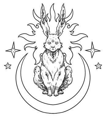 Gizemli tavşan kompozisyonu. Ay ve yıldızlar. Dekoratif tavşan çizgisi sanatı. Boho ve eski çiçek koleksiyonu. Wiccan ve pagan sanatı. Dekoratif bir doğa. Beyazda izole edilmiş