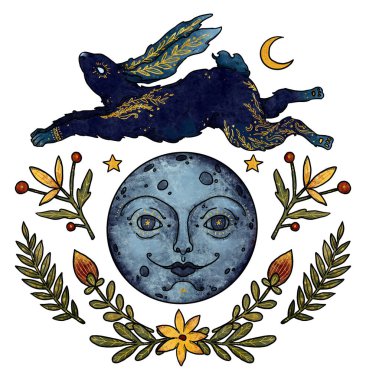 Gizemli tavşan kompozisyonu. Ay ve çiçekler. Mavi ve altın tavşancık. Dekoratif siluet. Boho ve vintage koleksiyonu. Wiccan ve pagan sanatı. Dekoratif bir doğa. Beyazda izole edilmiş