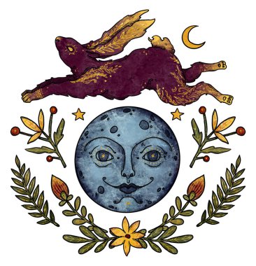 Gizemli tavşan kompozisyonu. Ay ve çiçekler. Kırmızı ve altın tavşancık. Dekoratif çiçek silueti. Boho ve vintage koleksiyonu. Wiccan ve pagan sanatı. Dekoratif bir doğa. Beyazda izole edilmiş