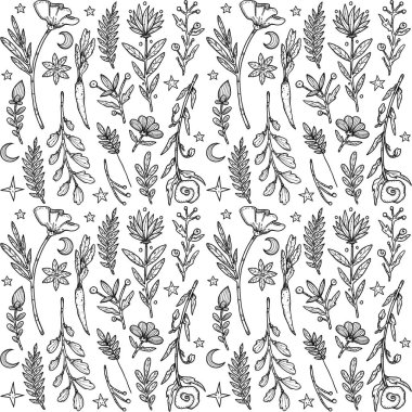 Dekoratif, dikişsiz çiçek desenleri. El yapımı sanat eseri, doğal ve ruhsal öğeler. Boho ve vintage koleksiyonu. Şamanik ve putperest titreşimler. Beyazda izole edilmiş.