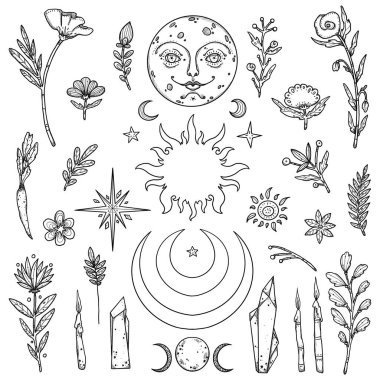 Renkli esrarengiz çizimler seti. Ay, güneş, yıldız ve çiçekler. Beyaz arka planda farklı mistik unsurlar. Şamanik ve ruhani koleksiyon. 