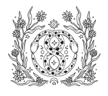 El çizimi boho yılan çizimi. Dekoratif çizim. Siyah ve beyaz. Çiçek kompozisyonu. Vintage elementi. Wiccan ve pagan sanatı. Dekoratif bir doğa. Beyazda izole edilmiş