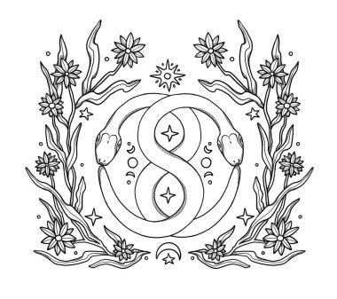 El çizimi boho yılan çizimi. Dekoratif çizim. Siyah ve beyaz. Çiçek kompozisyonu. Vintage elementi. Wiccan ve pagan sanatı. Dekoratif bir doğa. Beyazda izole edilmiş