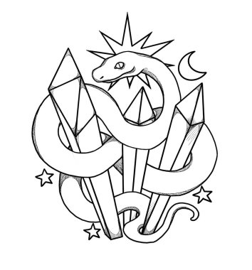 El çizimi boho yılan çizimi. Dekoratif çizim. Siyah ve beyaz. Çiçek kompozisyonu. Vintage elementi. Wiccan ve pagan sanatı. Dekoratif bir doğa. Beyazda izole edilmiş