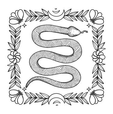 El çizimi boho yılan çizimi. Dekoratif çizim. Siyah ve beyaz. Çiçek kompozisyonu. Vintage elementi. Wiccan ve pagan sanatı. Dekoratif bir doğa. Beyazda izole edilmiş