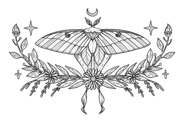 Boho Hmyzí Ilustrace Ručně Kreslený Motýl Liniová Můra Květinové Složení — Stock fotografie