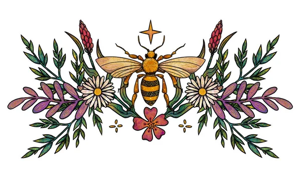 Boho insect illustration. Hand-drawn colored bee. Floral composition. Vintage element. Wiccan and pagan art. Decorative nature. Isolated on white